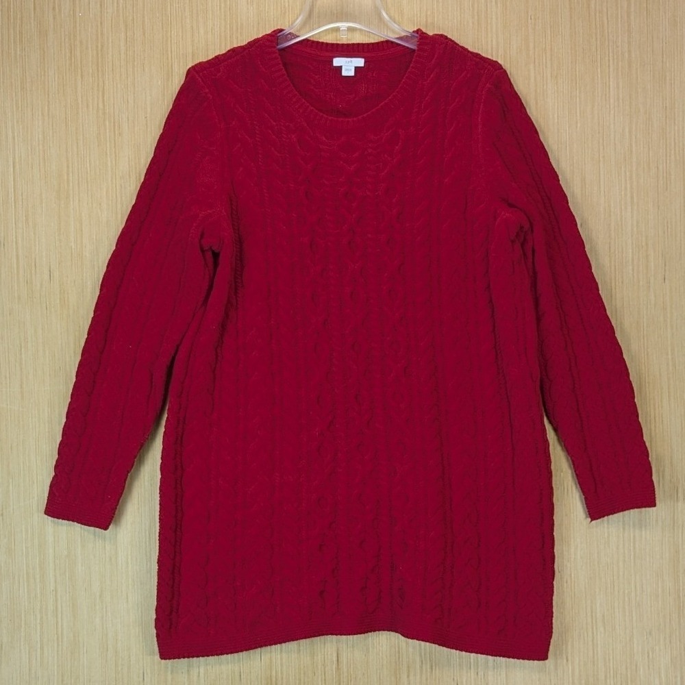 J. Jill Women's Red Cable Knit Chenille Sweater Large Crew‎ Neck Cozy Festive